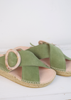 Pale green slider with buckle detail and raffia sole ]
