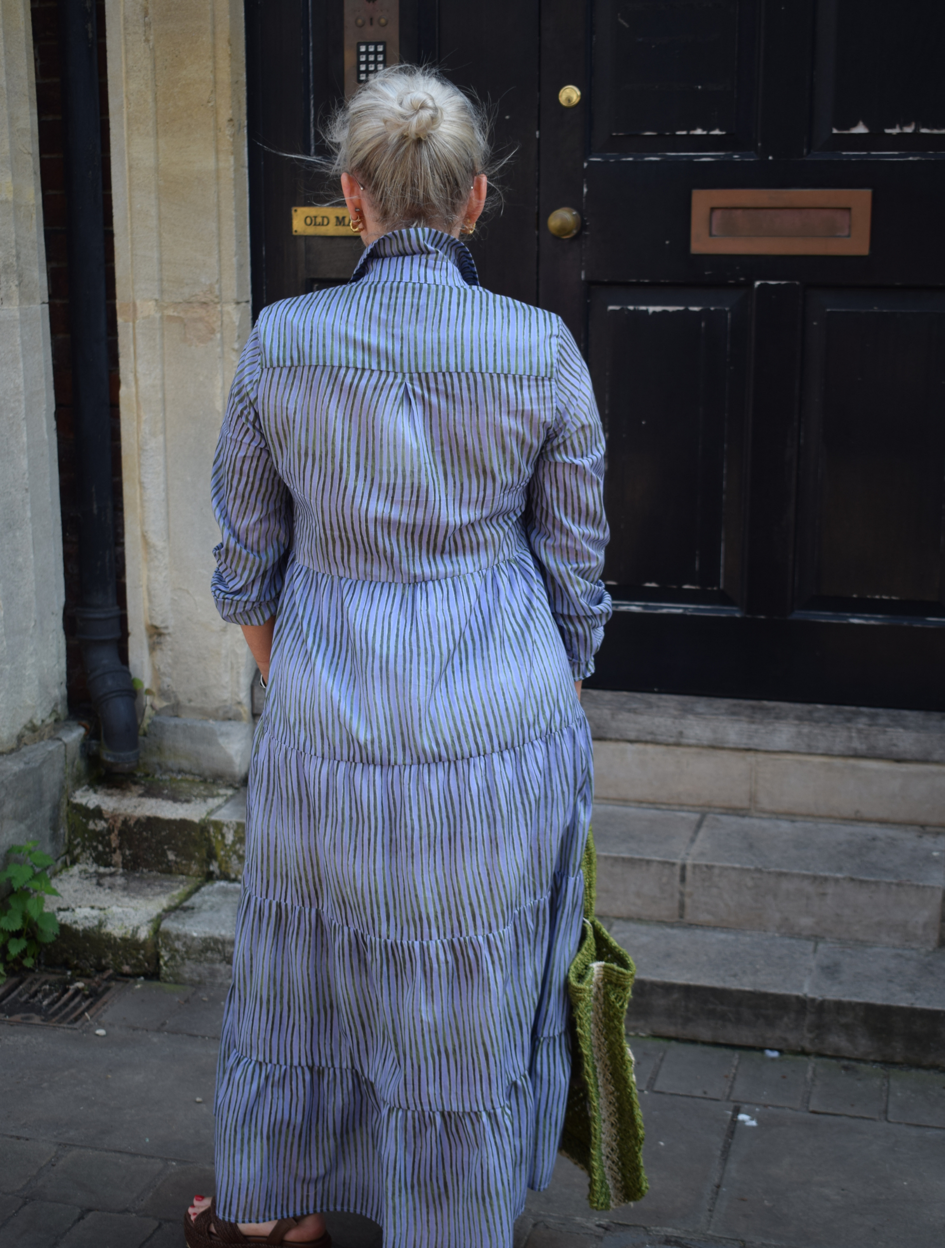 blue dress with green stripe detail 