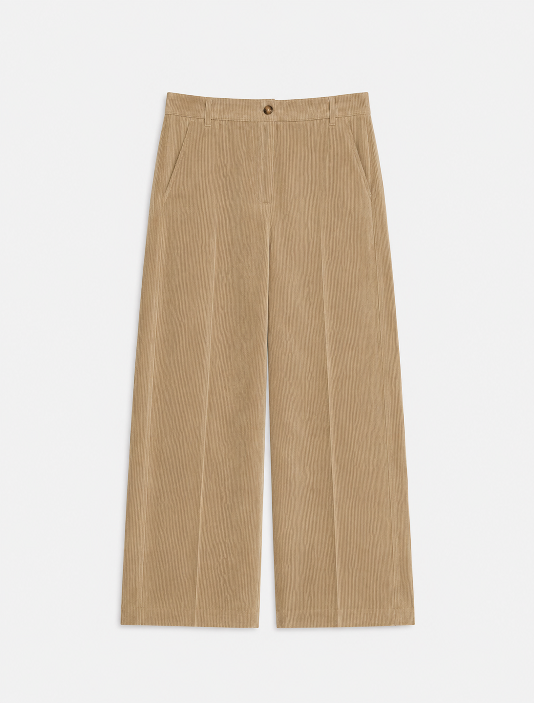 flat lay of cord trousers in a barrel shape on a plain background 