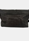 black lamb leather fold over bag with rivet strap and gold scarab emblum rear view