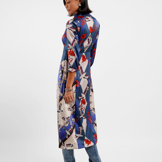 v neck mid length silk button down dress with tie front and eagle inspired print rear view