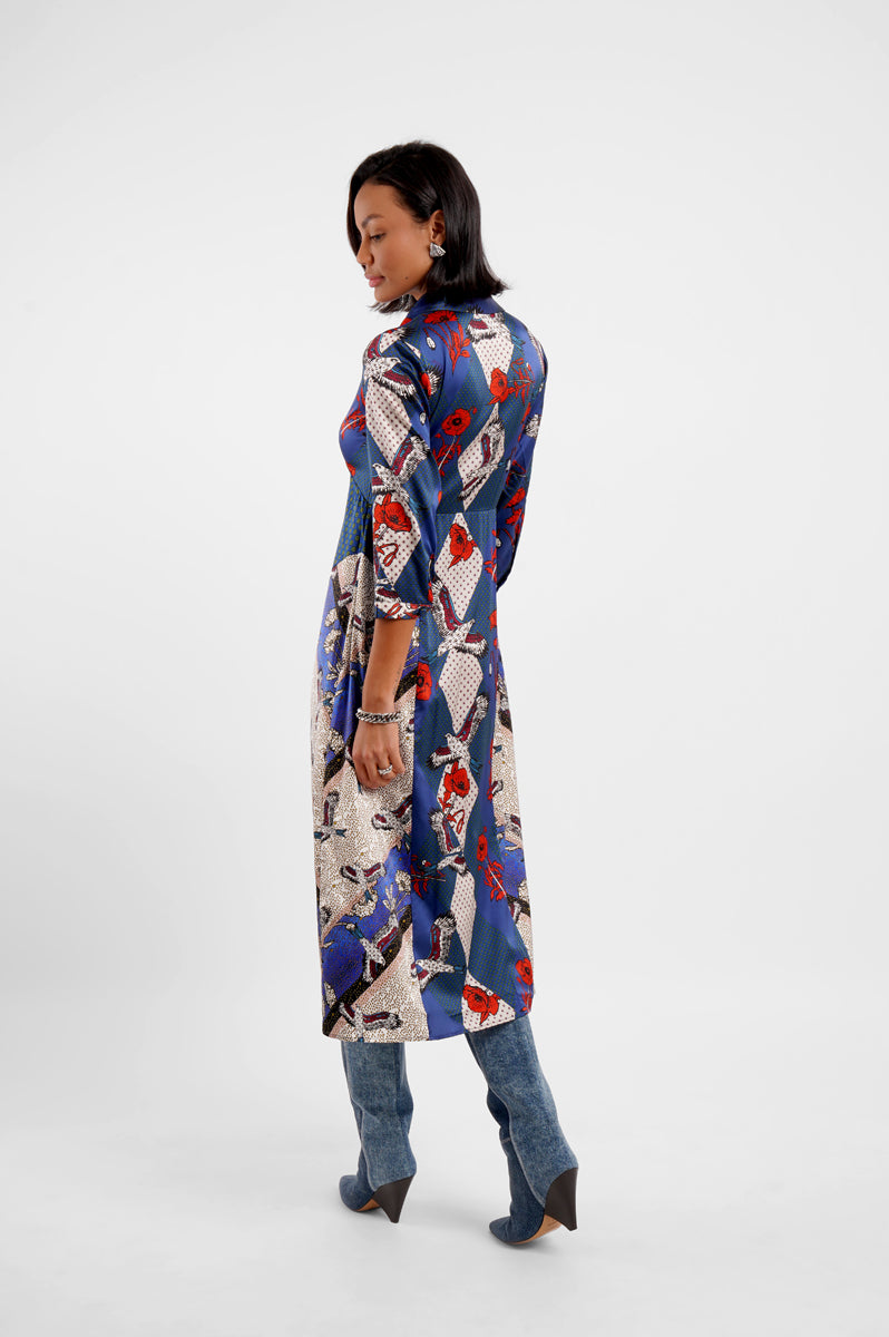 v neck mid length silk button down dress with tie front and eagle inspired print rear view