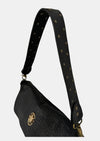 black lamb leather fold over bag with rivet strap and gold scarab emblum close up of strap