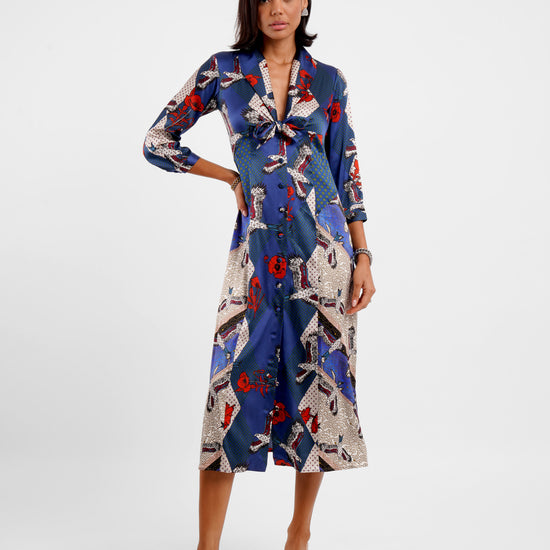 v neck mid length silk button down dress with tie front and eagle inspired print model shot