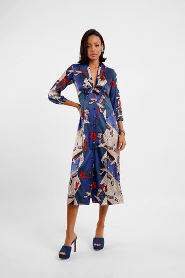 v neck mid length silk button down dress with tie front and eagle inspired print model shot