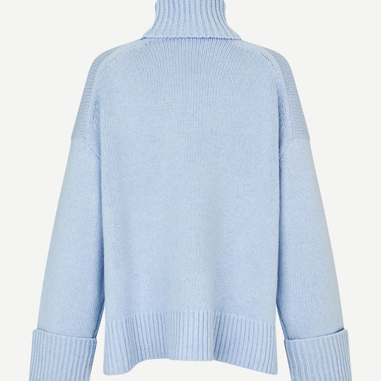 turtleneck heavy knit jumper with ribbed edging and a light blue hue from samsoe samsoe rear view