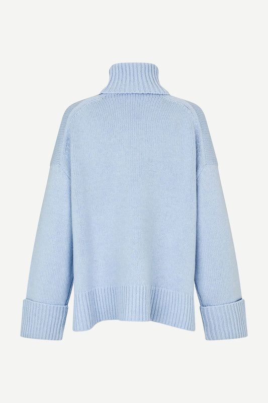 turtleneck heavy knit jumper with ribbed edging and a light blue hue from samsoe samsoe rear view
