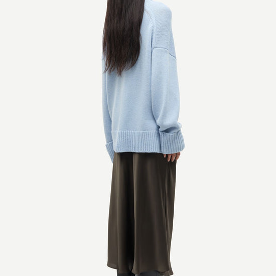 turtleneck heavy knit jumper with ribbed edging and a light blue hue from samsoe samsoe rear view