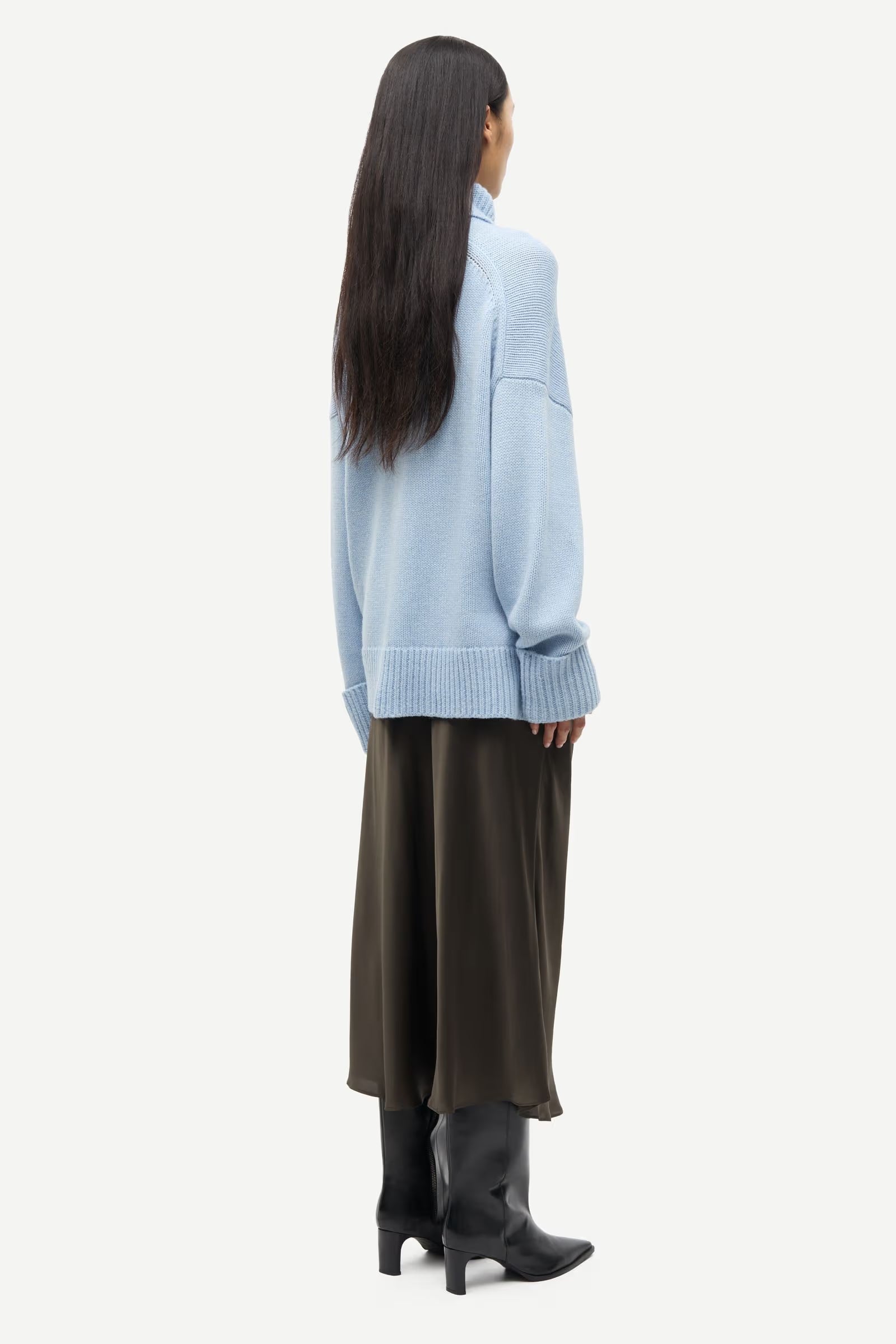 turtleneck heavy knit jumper with ribbed edging and a light blue hue from samsoe samsoe rear view
