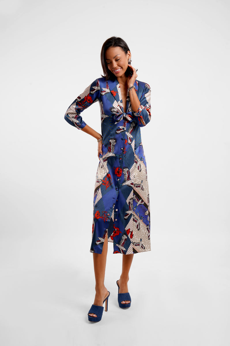 v neck mid length silk button down dress with tie front and eagle inspired print moel shot