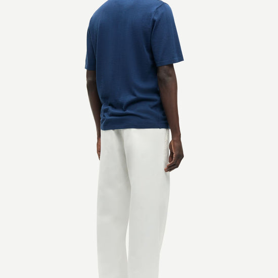 Person wearing a blue polo shirt and white pants on a white background