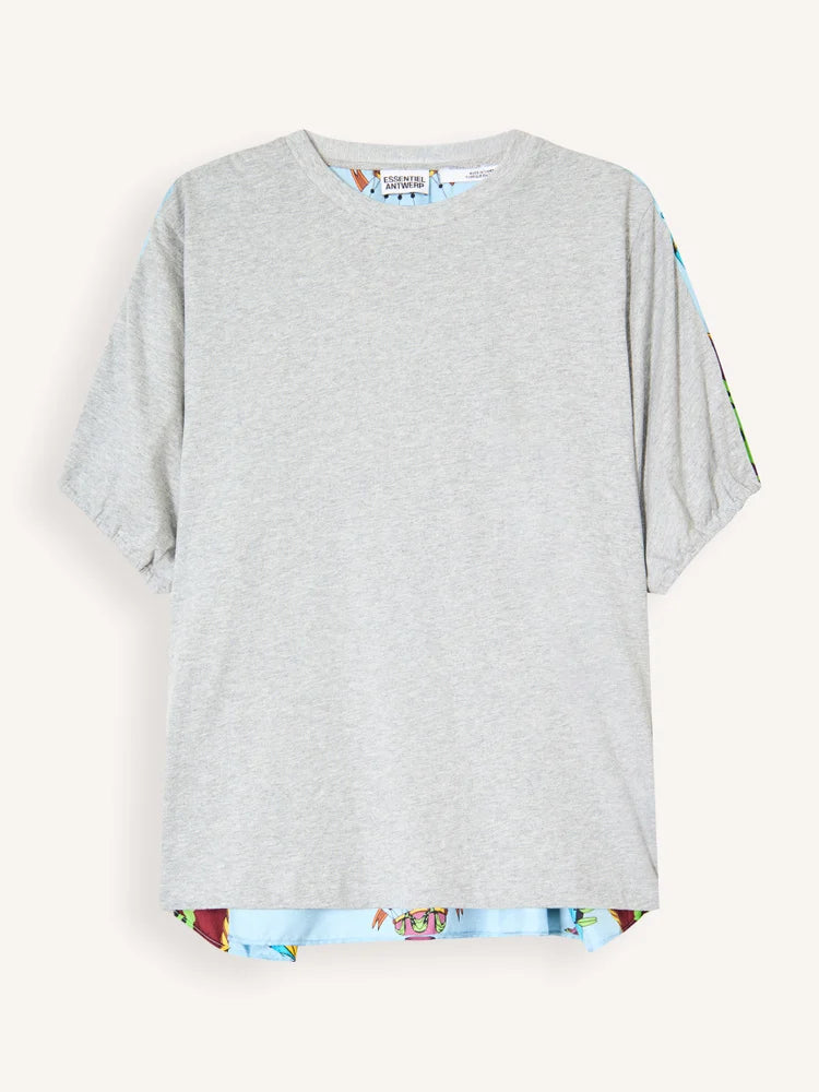 A light gray short-sleeve t-shirt with a colorful patterned hem and matching patterned sleeve cuffs, displayed flat against a light cream background.