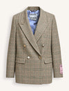 A double-breasted plaid blazer from Antwerp Essentials, featuring a beige and brown check pattern with a blue and white striped inner lining, displayed on a clean off-white background.