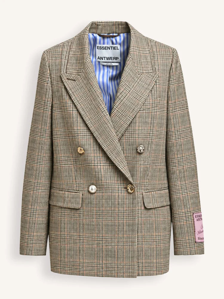A double-breasted plaid blazer from Antwerp Essentials, featuring a beige and brown check pattern with a blue and white striped inner lining, displayed on a clean off-white background.