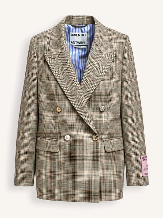 A double-breasted plaid blazer from Antwerp Essentials, featuring a beige and brown check pattern with a blue and white striped inner lining, displayed on a clean off-white background.