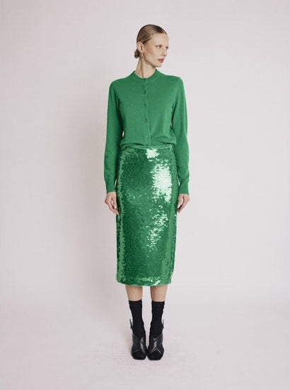 Mid length green sequin skirt front view