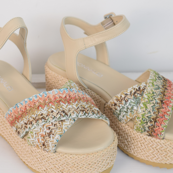 Blush raffia platform sandal with cross foot strap from pastel coloured raffia