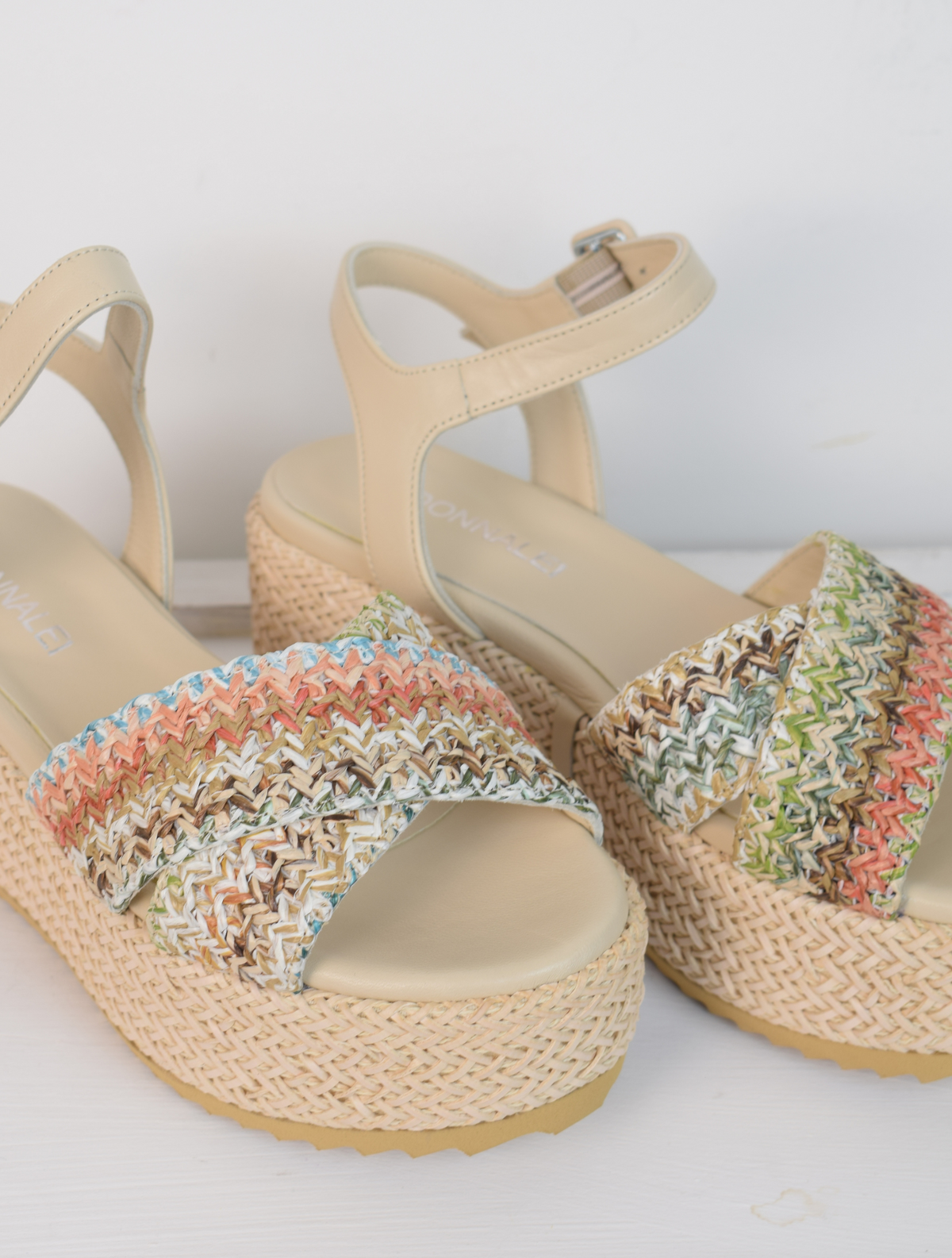 Blush raffia platform sandal with cross foot strap from pastel coloured raffia