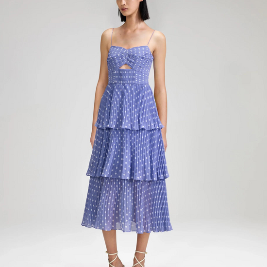 Lilac polka dot tiered thin strap summer dress with cut out detail