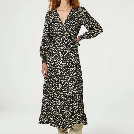 Black and ecru cat print long sleeved wrap dress