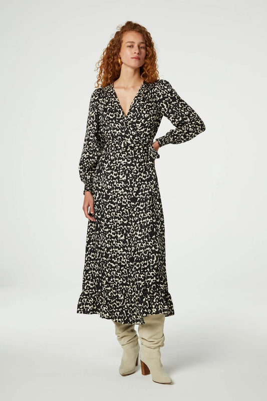 Black and ecru cat print long sleeved wrap dress