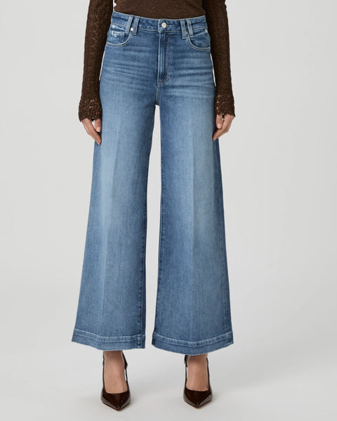 mid blue wide leg jeans with double belt loops and hem