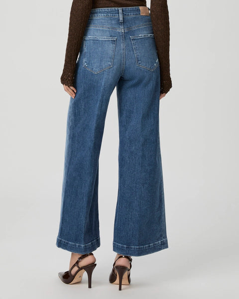 mid blue wide leg jeans with double belt loops and hem rear view 