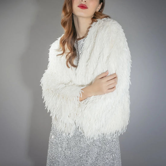 white faux fur feather effect short jacket