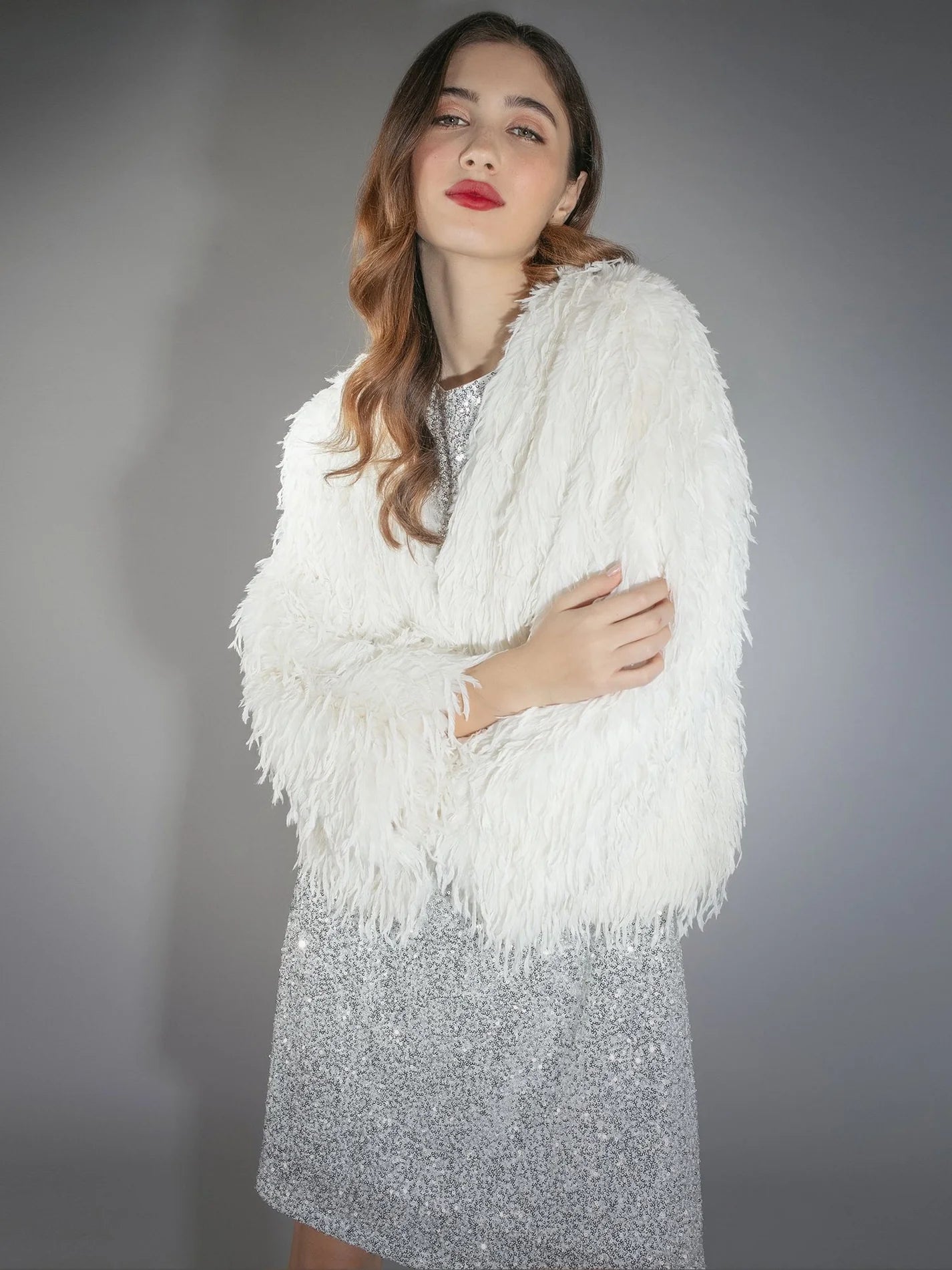 white faux fur feather effect short jacket