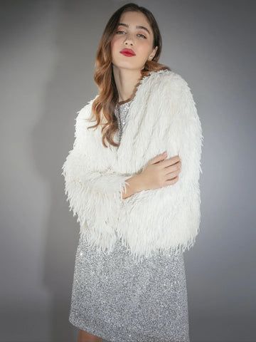 white faux fur feather effect short jacket