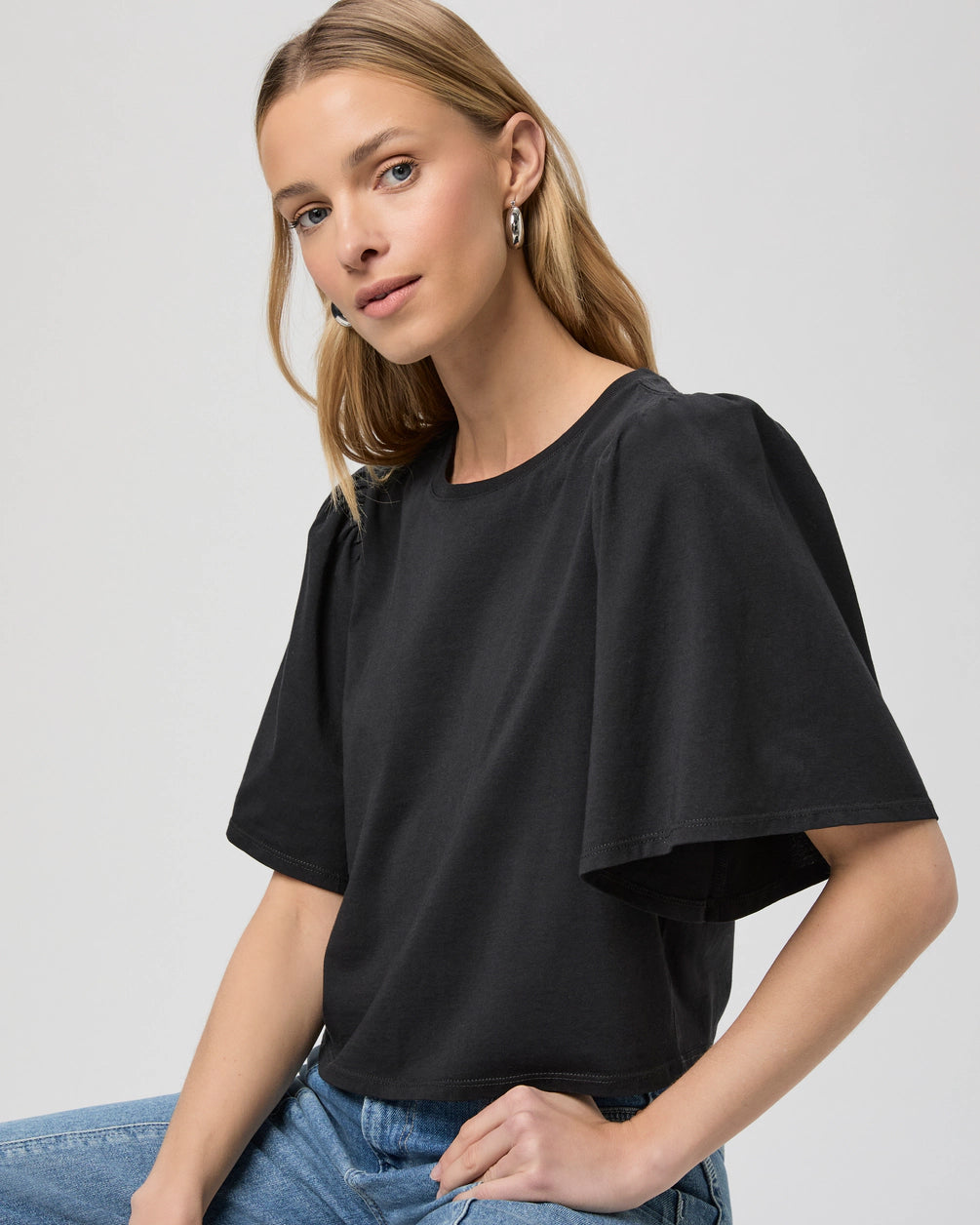 black short flutter sleeve t-shirt model shot