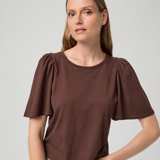 chocolate brown flutter short sleeve t-shirt model shot