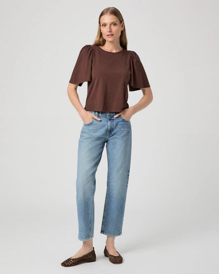 chocolate brown flutter short sleeve t-shirt model shot