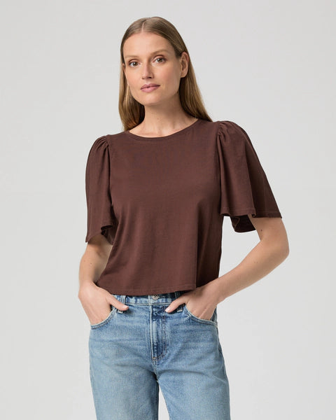 chocolate brown flutter short sleeve t-shirt