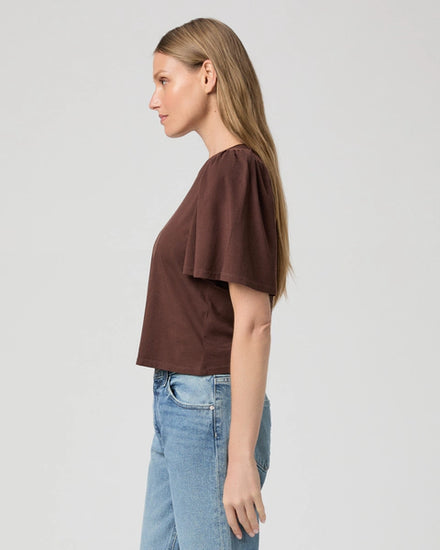 chocolate brown flutter short sleeve t-shirt   side view