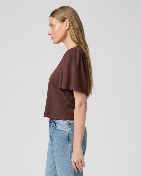 chocolate brown flutter short sleeve t-shirt   side view