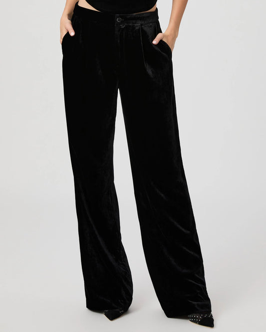 wide leg black velvet trousers close up