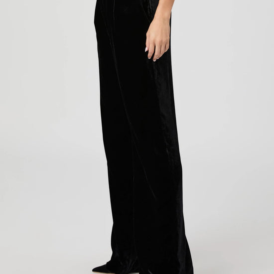 wide leg black velvet trousers side view 