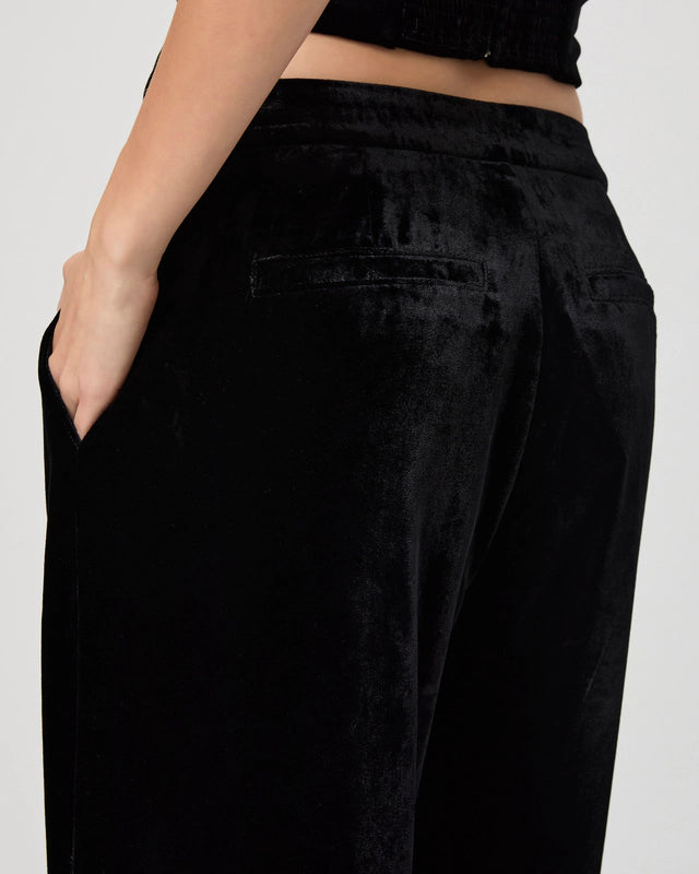 wide leg black velvet trousers  rear view 