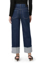 wide leg turn up dark blue jeans  rear view 