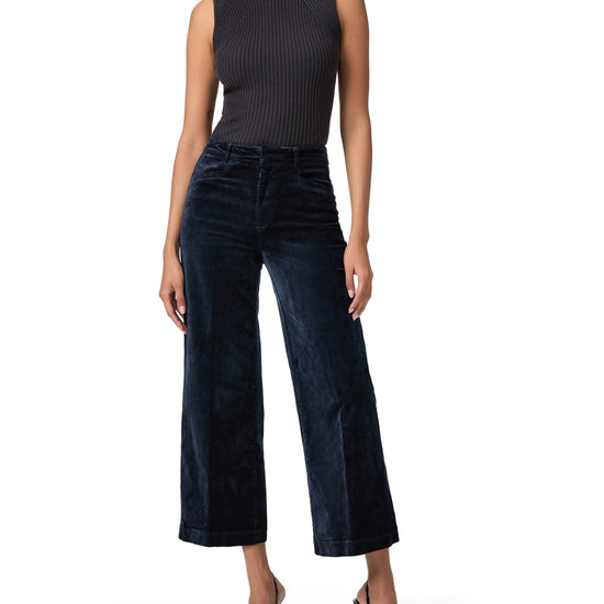 navy blue wide leg velvet look cropped jeans model shot