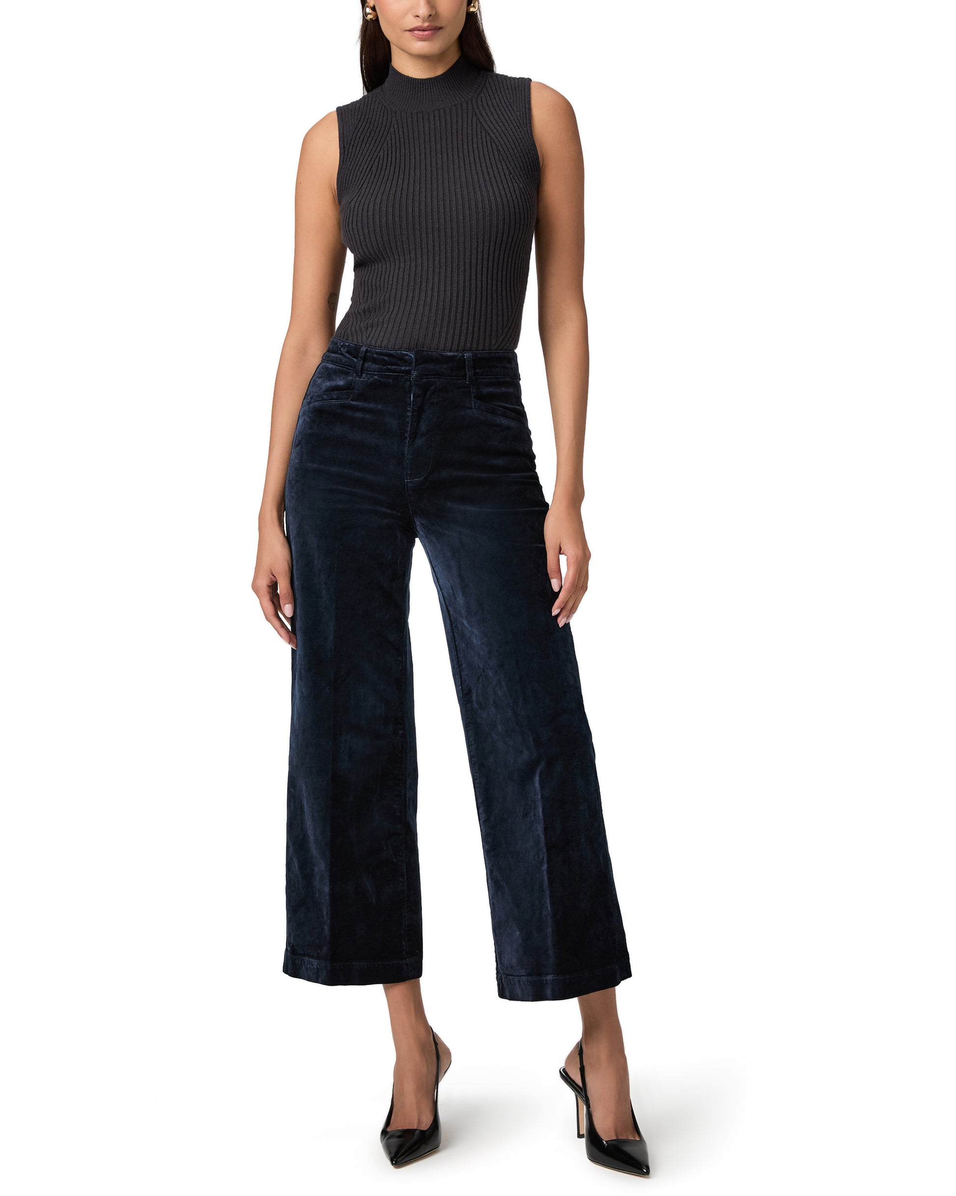 navy blue wide leg velvet look cropped jeans model shot