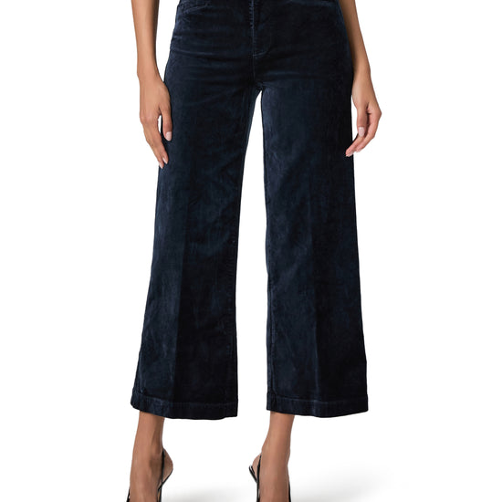 navy blue wide leg velvet look cropped jeans