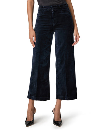 navy blue wide leg velvet look cropped jeans