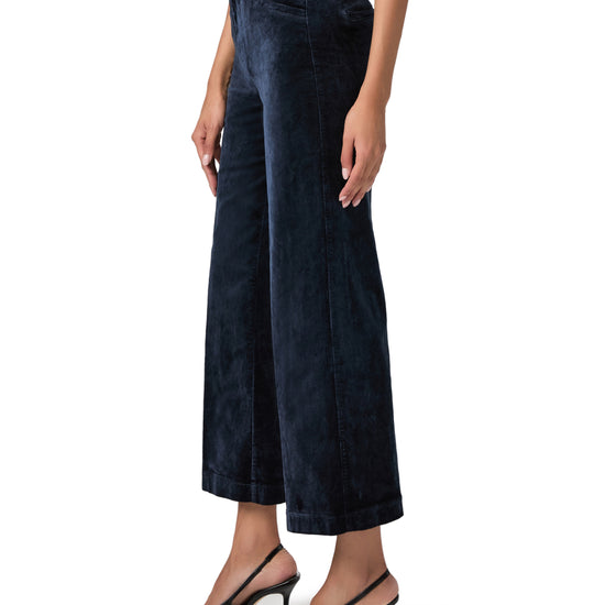 navy blue wide leg velvet look cropped jeans side view