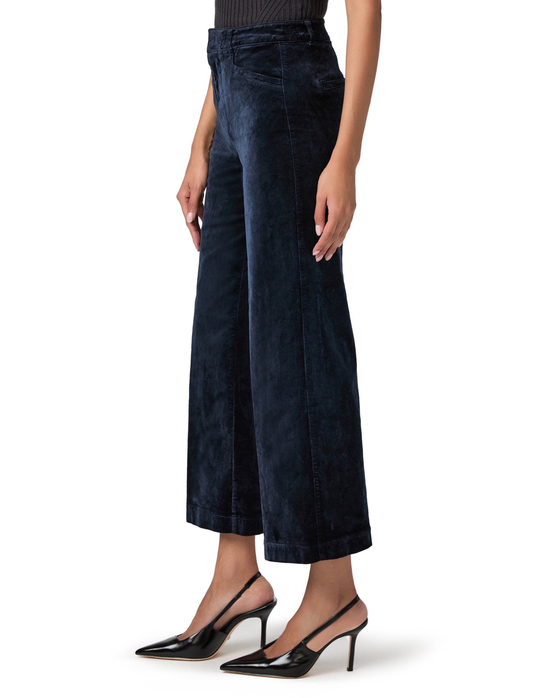 navy blue wide leg velvet look cropped jeans side view