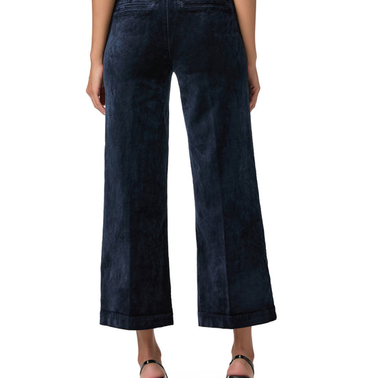 navy blue wide leg velvet look cropped jeans rear view