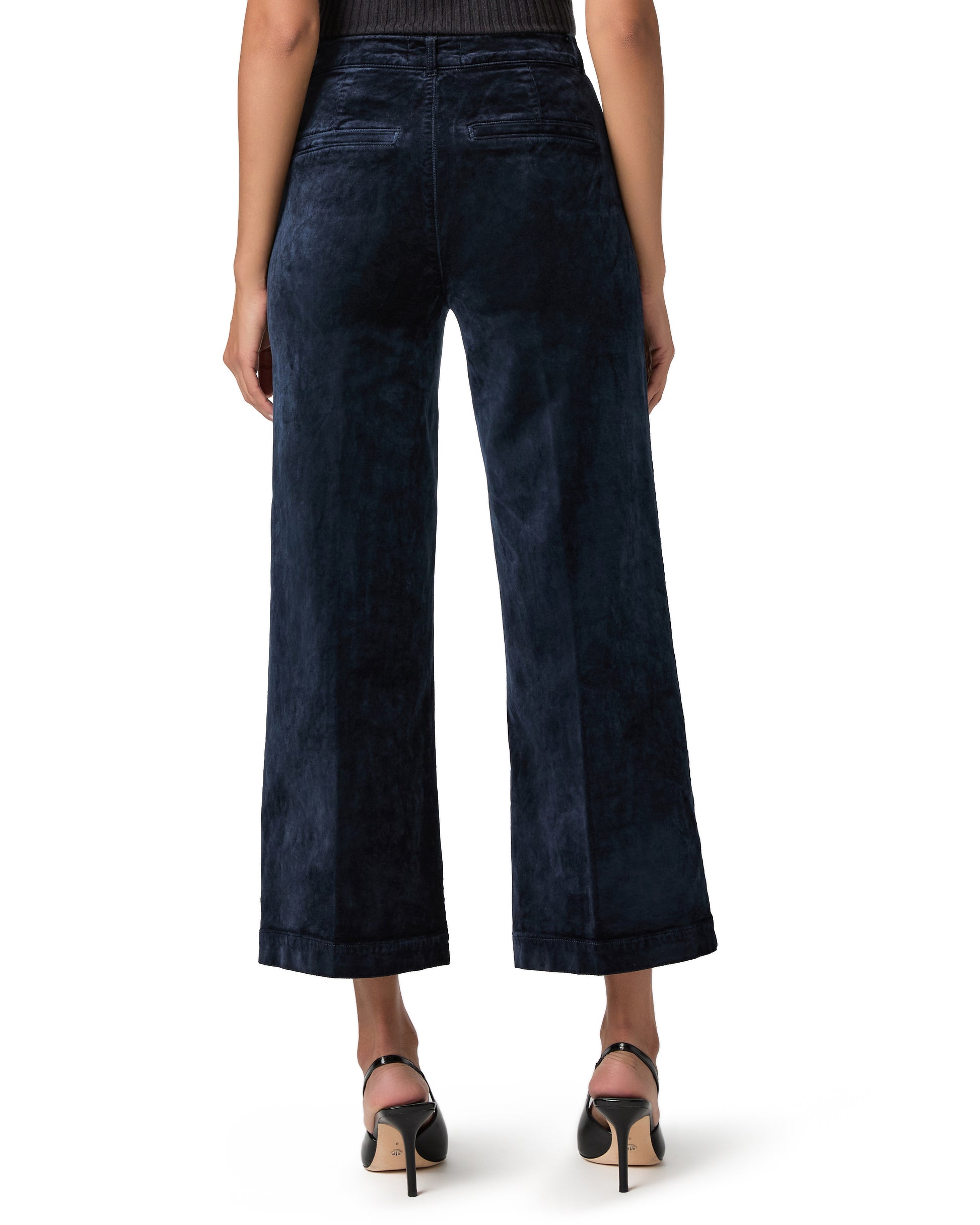 navy blue wide leg velvet look cropped jeans rear view