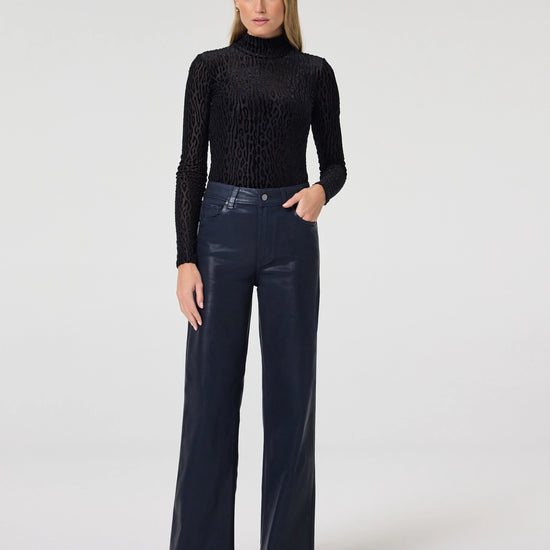 navy blue leather look lux coating wide leg jeans from paige model shot