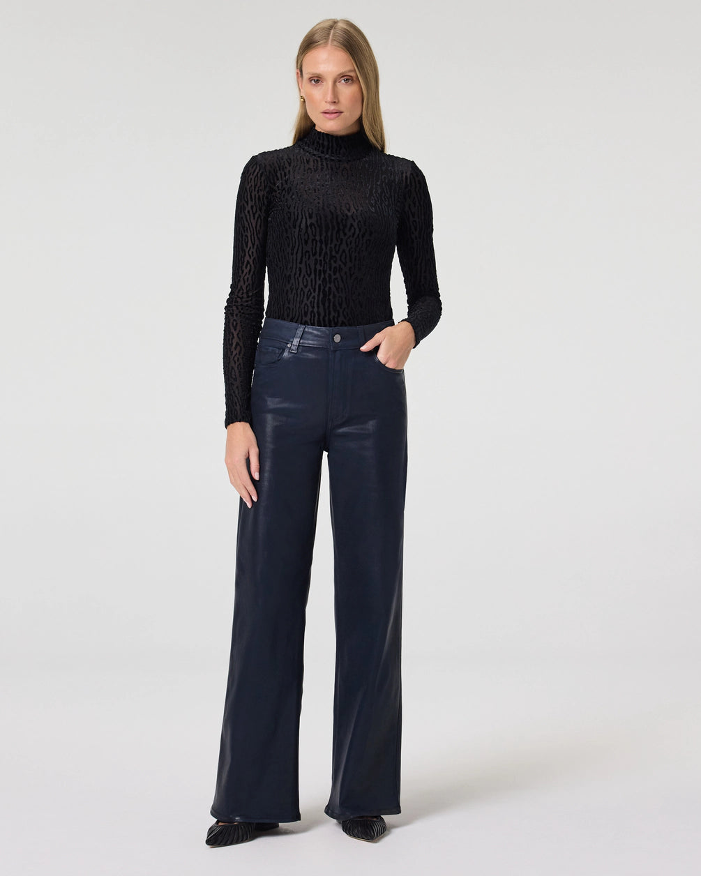navy blue leather look lux coating wide leg jeans from paige model shot